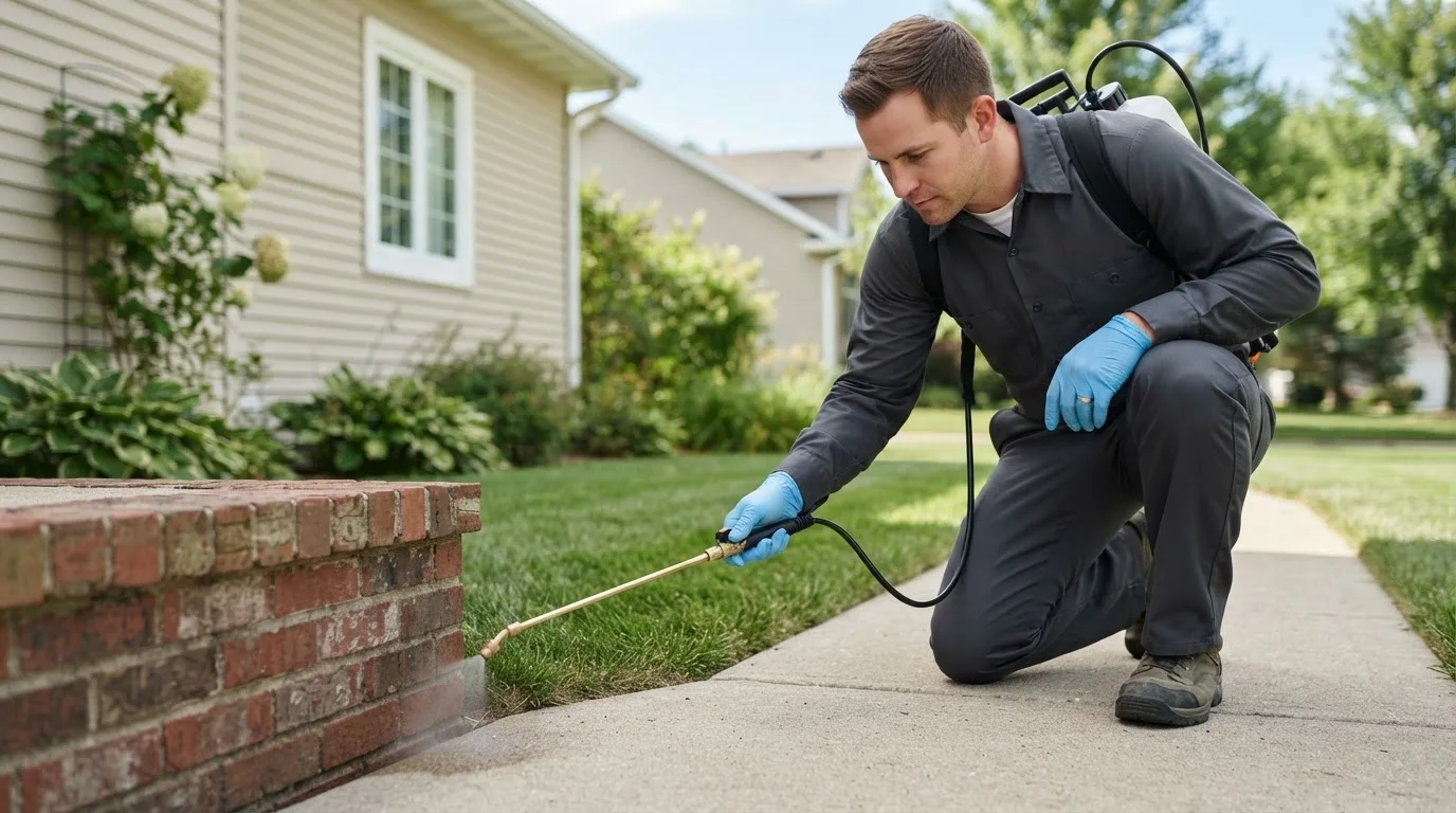 Pest control technician treating a home near Thompson, ND
