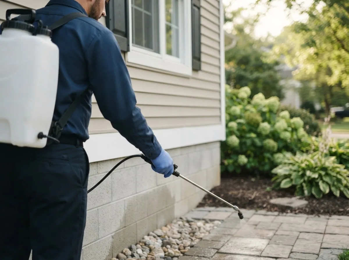 Pest control technician inspecting a home in Thompson, ND